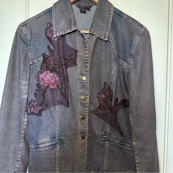 Simon Chang Jackets & Blazers - Simon Chang Beaded Button Down Dark Blue & Rust Coloured Denim Jacket, Sz 8